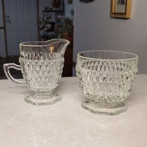 Indiana Glass Diamond Point Crystal Pressed Glass Sugar & Creamer Set Scallop